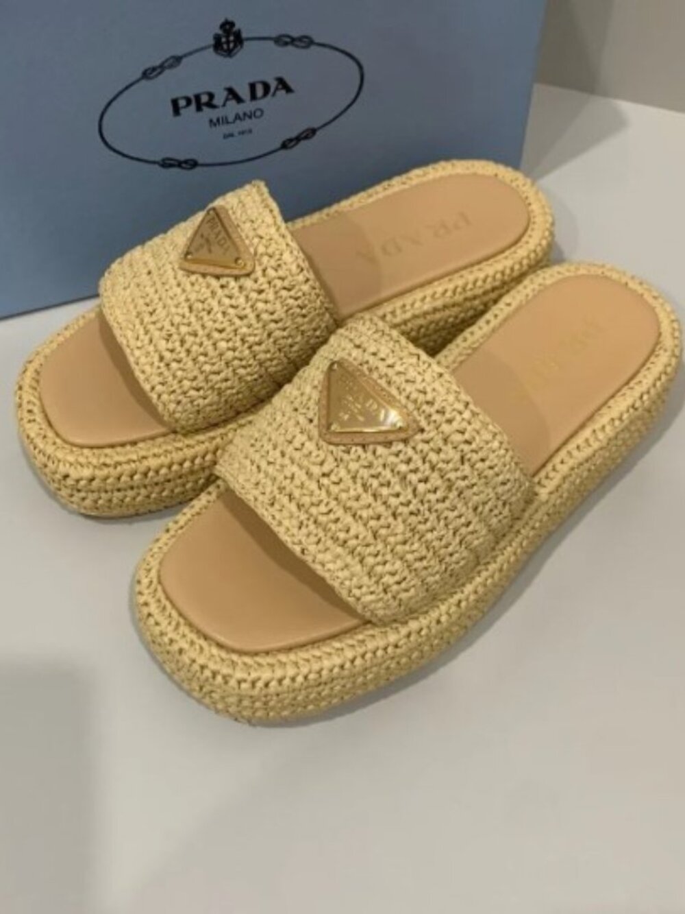 Prada Beige Woven Raffia Slide Sandals Size 37